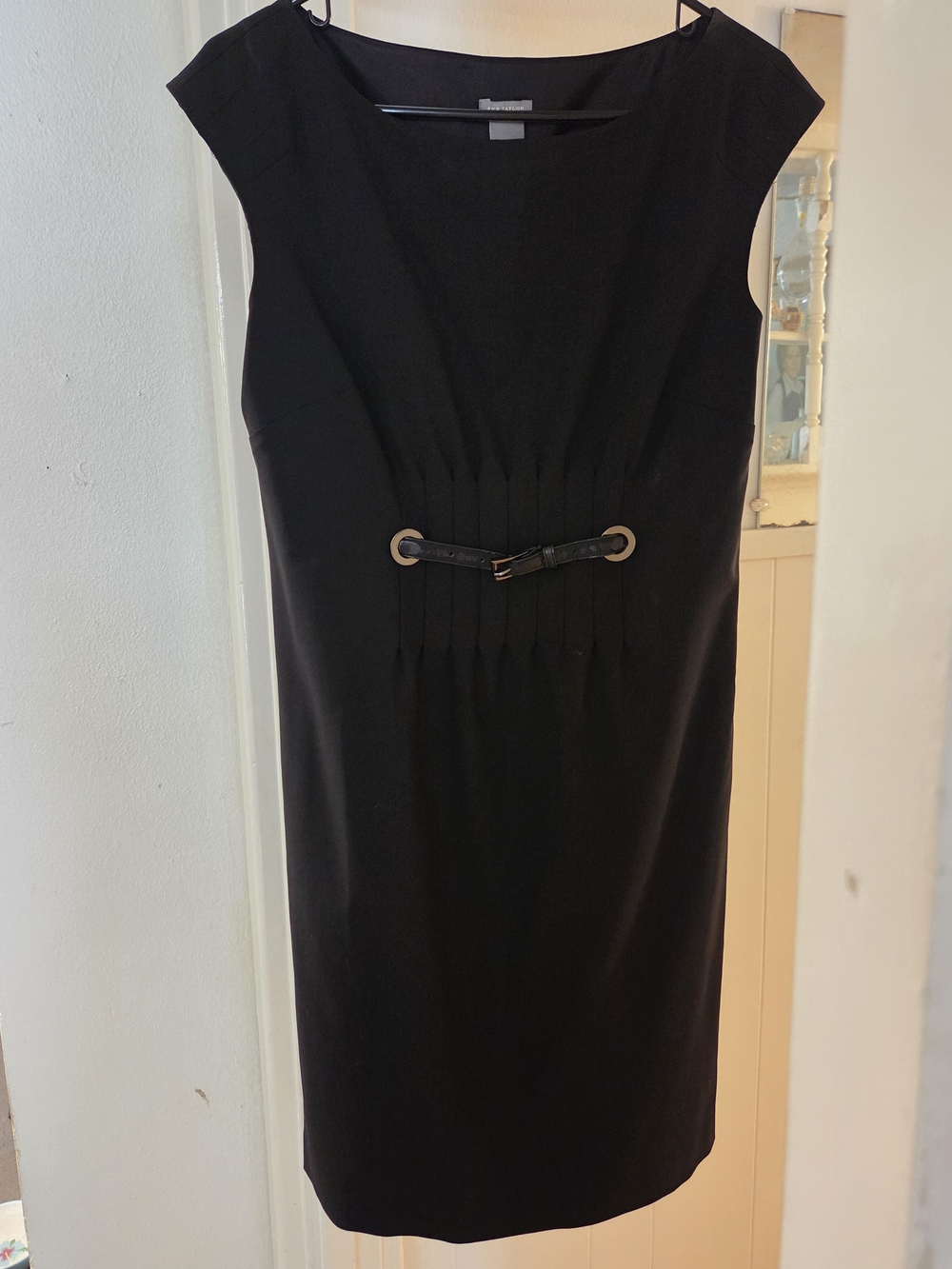 Ann Taylor Black Midi Sheath Dress with Decorative Buckle